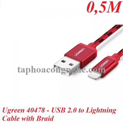 Ugreen 40478 0.5M màu Đỏ Cáp Lightning sạc + truyền dữ liệu cho iPhone US247 30040478